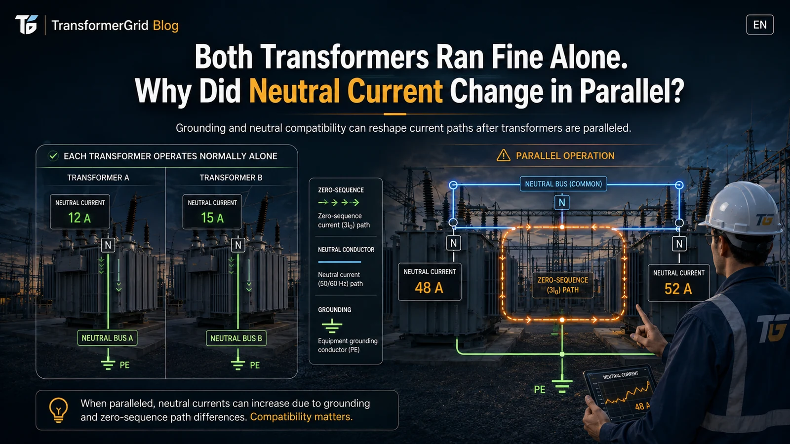 Both Transformers Ran Fine Alone. Why Did Neutral Current Change in Parallel?