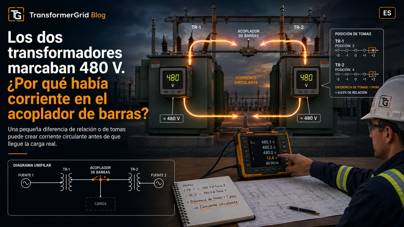 Los dos transformadores marcaban 480 V. ¿Por qué había corriente en el acoplador?