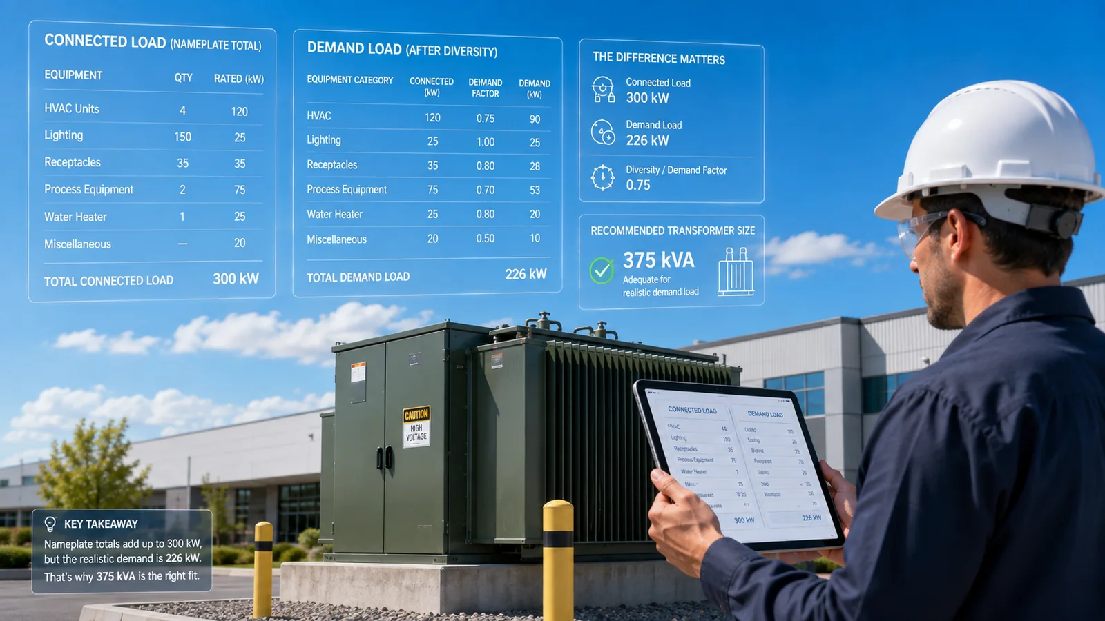 Connected load and demand load comparison for transformer sizing review