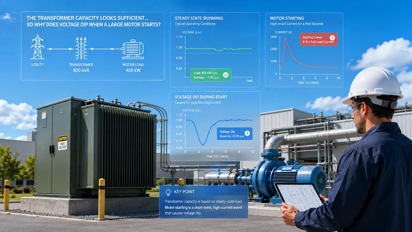 Motor starting current and voltage dip illustrated next to an industrial transformer
