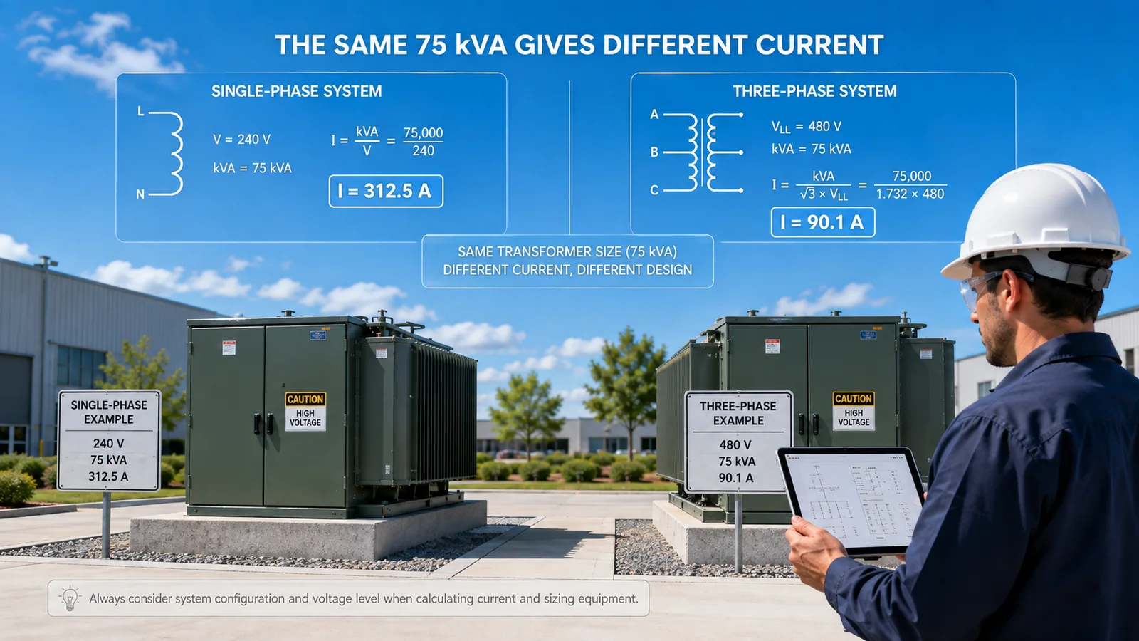 Illustrative comparison showing that transformer current depends on phase configuration and voltage, not kVA alone