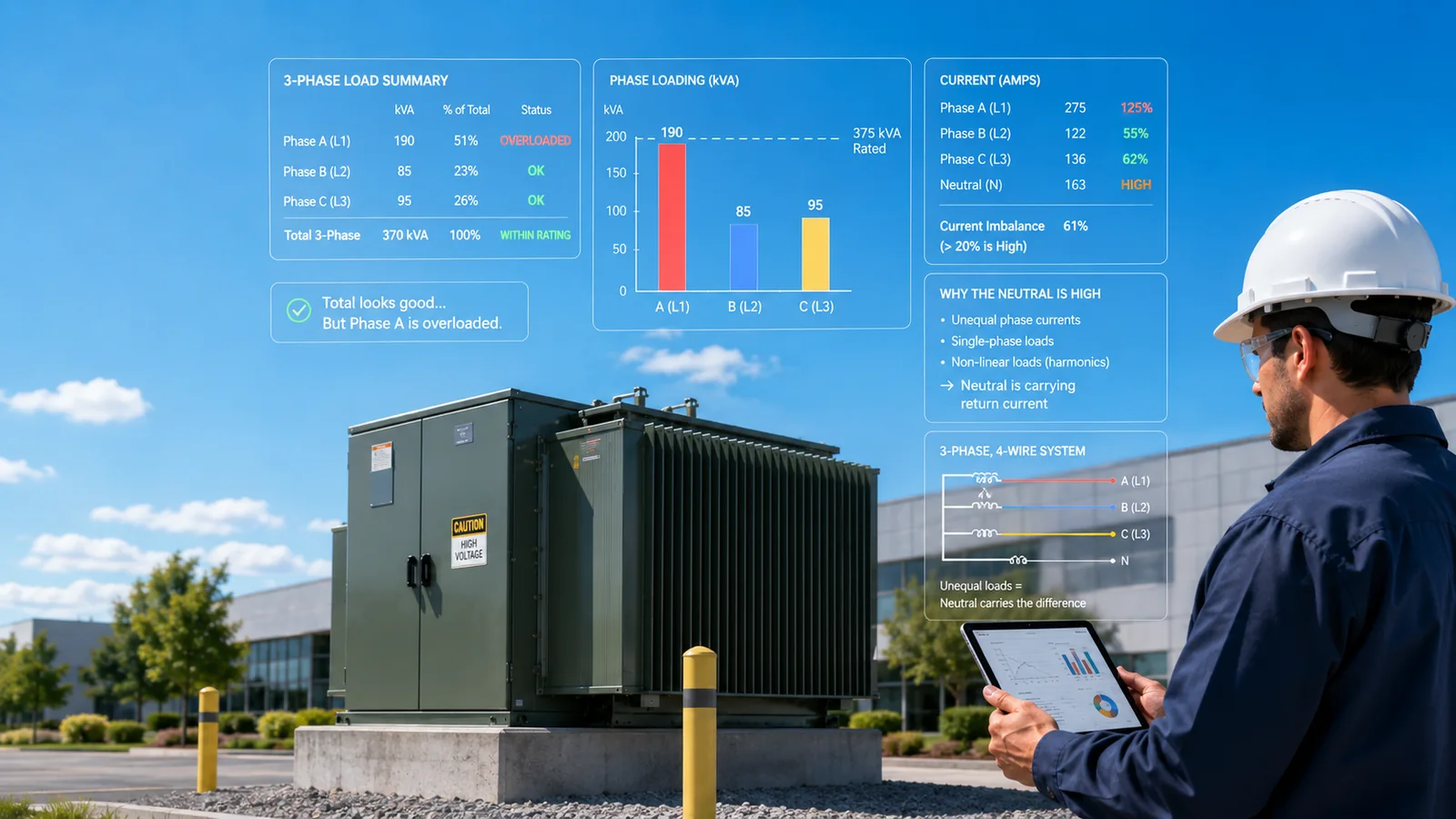 Three-phase transformer load imbalance with unequal phase loading and neutral current