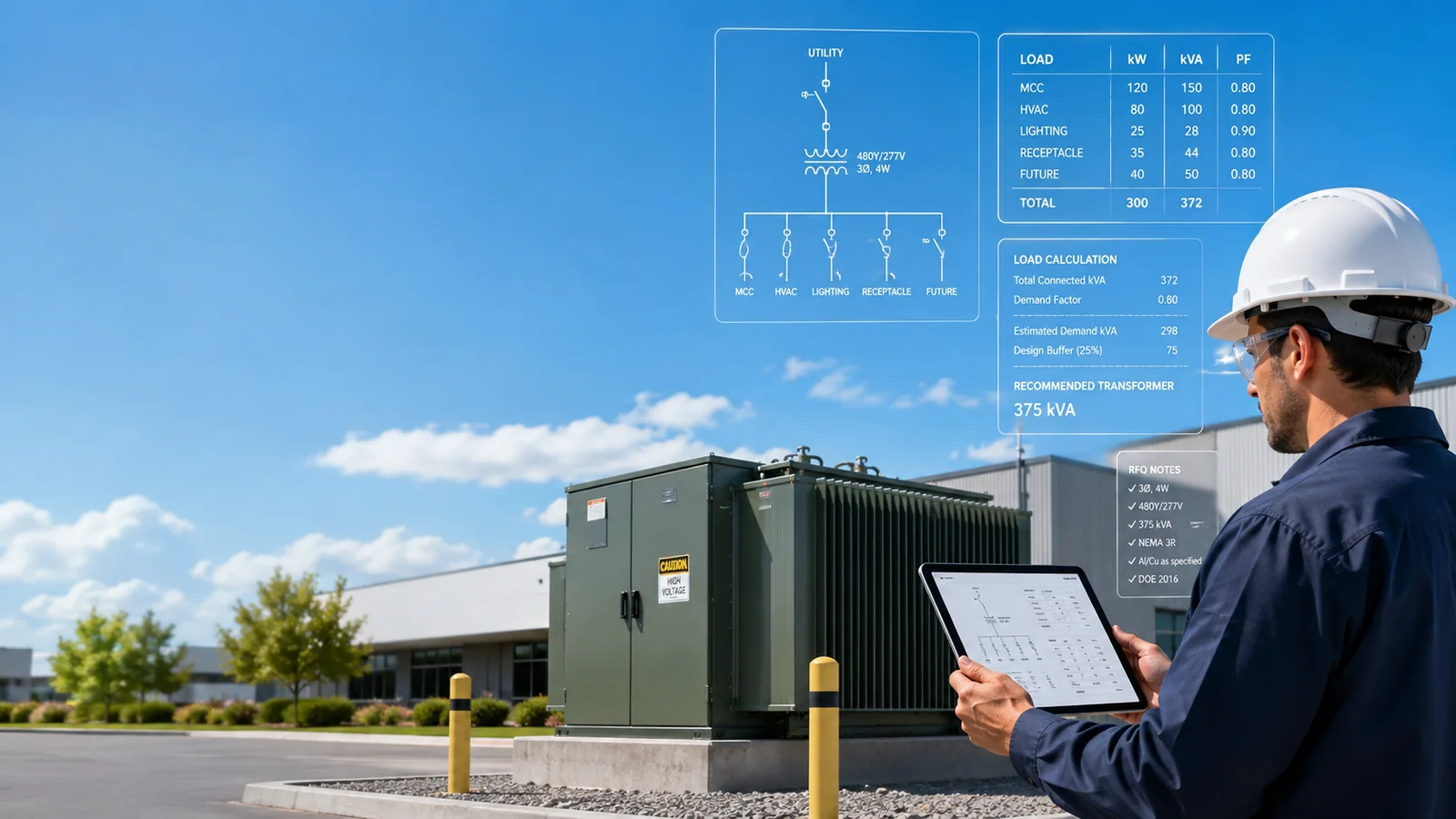 Engineer reviewing transformer load data before confirming transformer kVA for an RFQ
