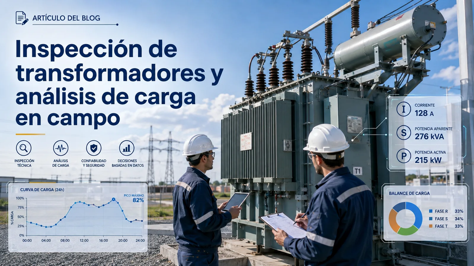 Ingenieros revisando datos de carga antes de confirmar la potencia kVA de un transformador