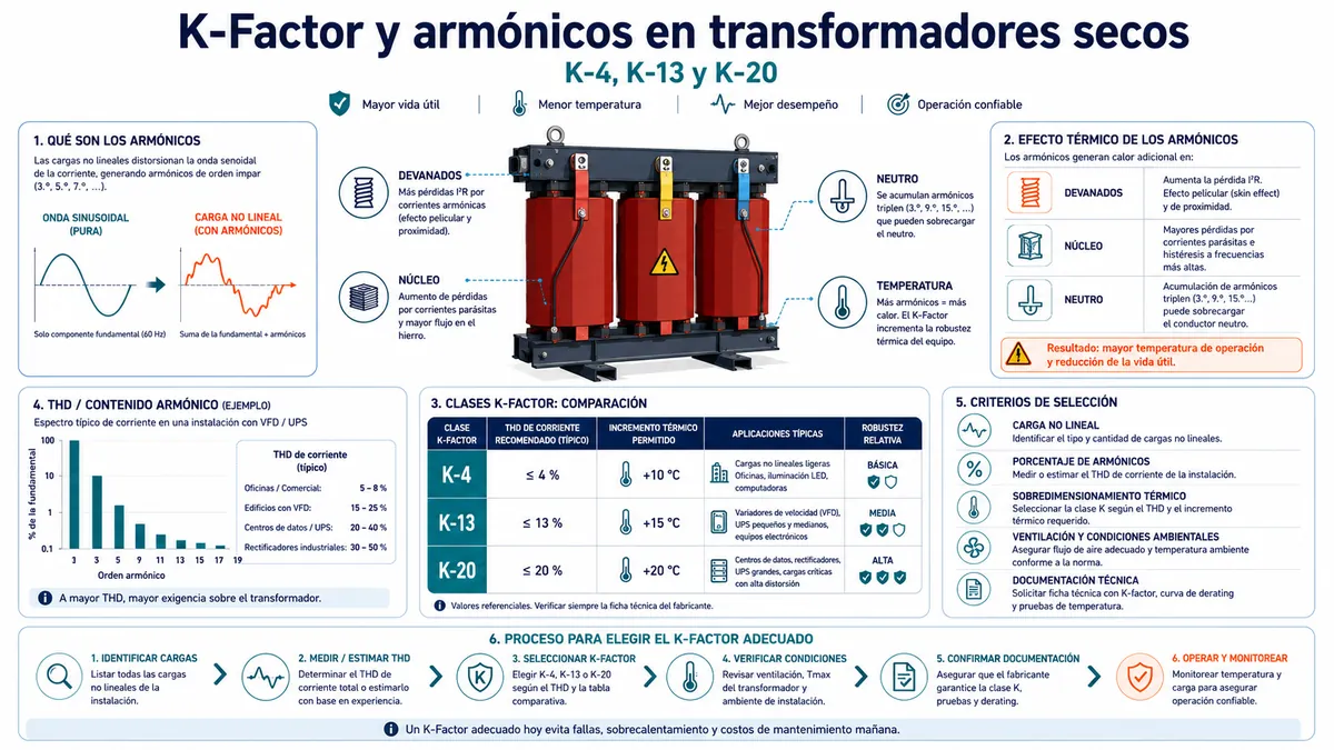 Factor K y armónicos en transformadores secos: K-4, K-13 y K-20