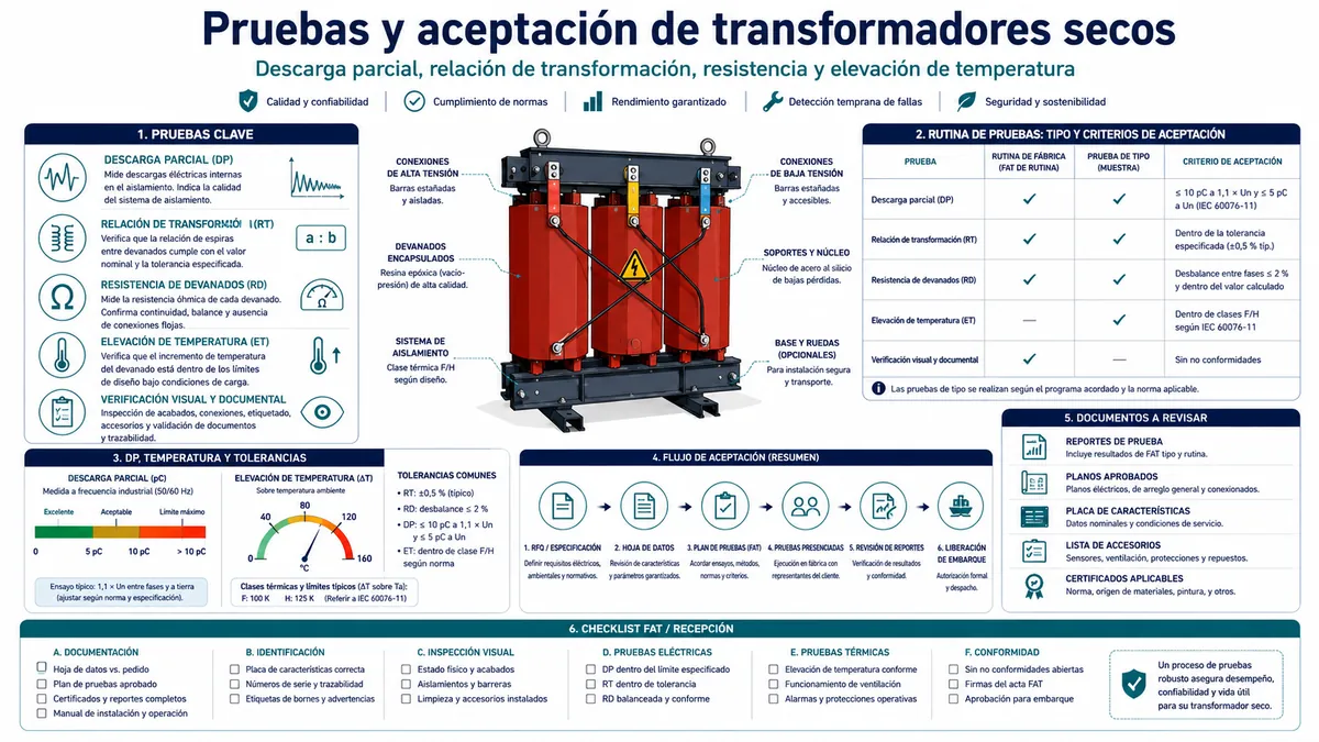 Pruebas y aceptación de transformadores secos: descargas parciales, relación, resistencia y calentamiento