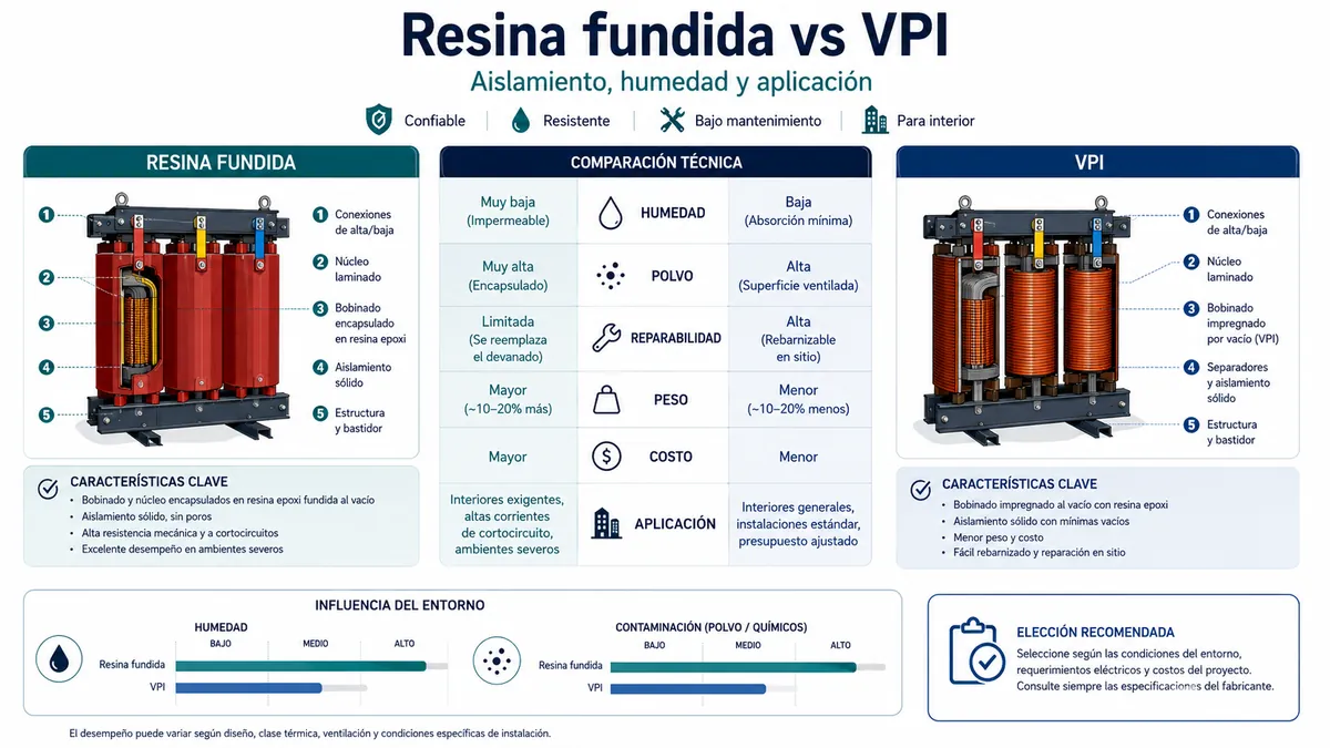 Transformador de resina fundida vs VPI: diferencias de aislamiento, humedad y aplicación