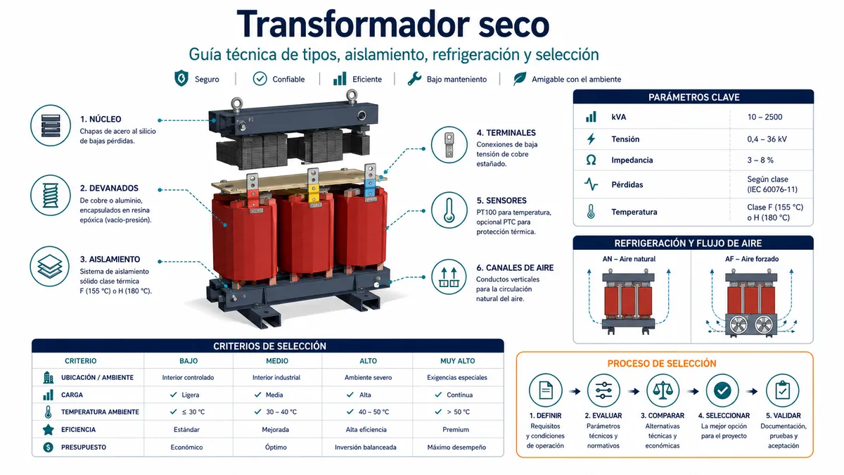 Transformador seco: guía técnica de tipos, aislamiento, refrigeración y selección