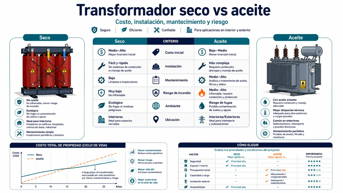 Transformador seco vs transformador en aceite: costo inicial, instalación, mantenimiento y riesgo de incendio