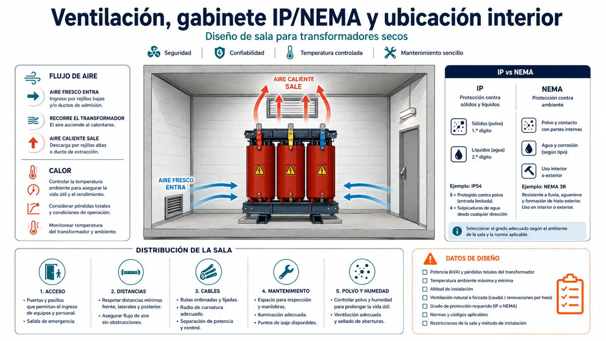 Ventilación, gabinete IP/NEMA y ubicación interior de transformadores secos