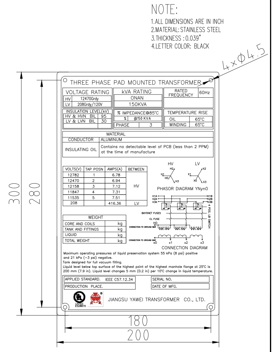 150 kVA pad-mounted transformer nameplate showing voltage ratio, impedance and vector group