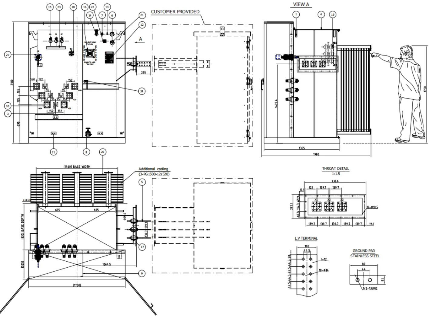 Pad-mounted transformer dimensions, terminal layout and concrete pad planning drawing