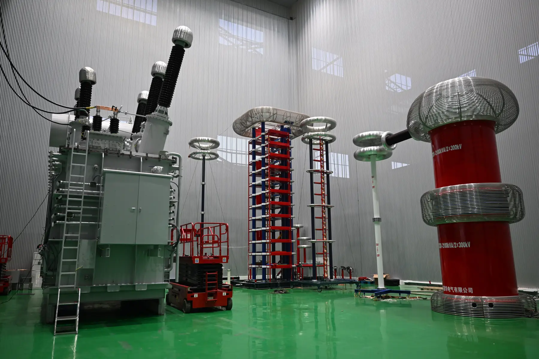 Transformer impulse voltage testing lab showing high-voltage test equipment and factory capability