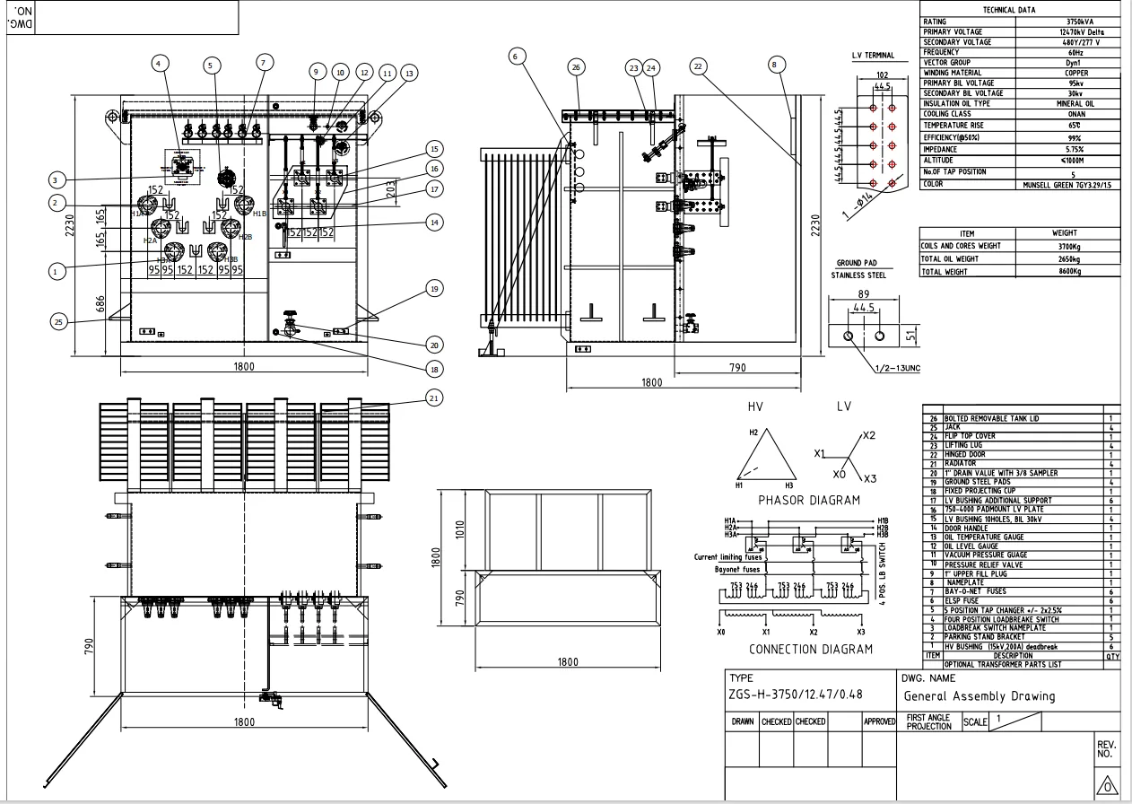 General assembly drawing sample for pad-mounted transformer dimensions and compartment layout