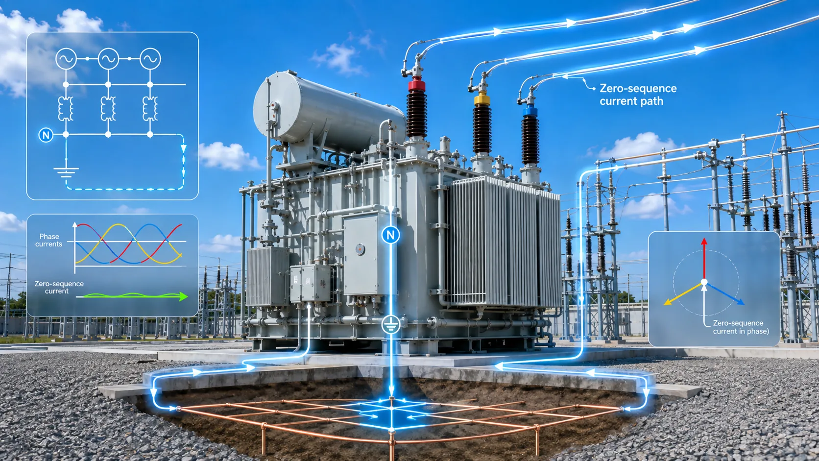 Grounded transformer with illustrated neutral and zero-sequence current paths under a blue sky