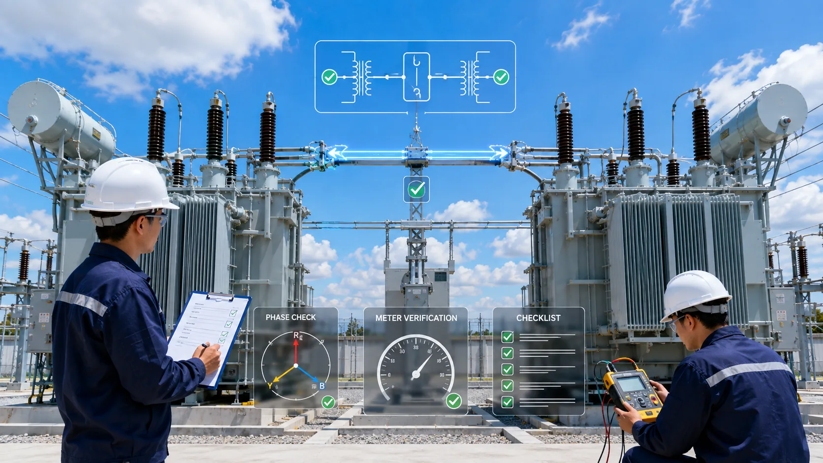Commissioning engineers checking two transformers, phase relationship and bus-tie conditions under a bright sky