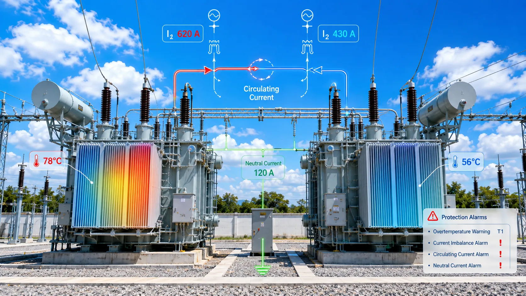 Two parallel transformers with illustrated current, temperature, neutral-current and protection diagnostic indicators