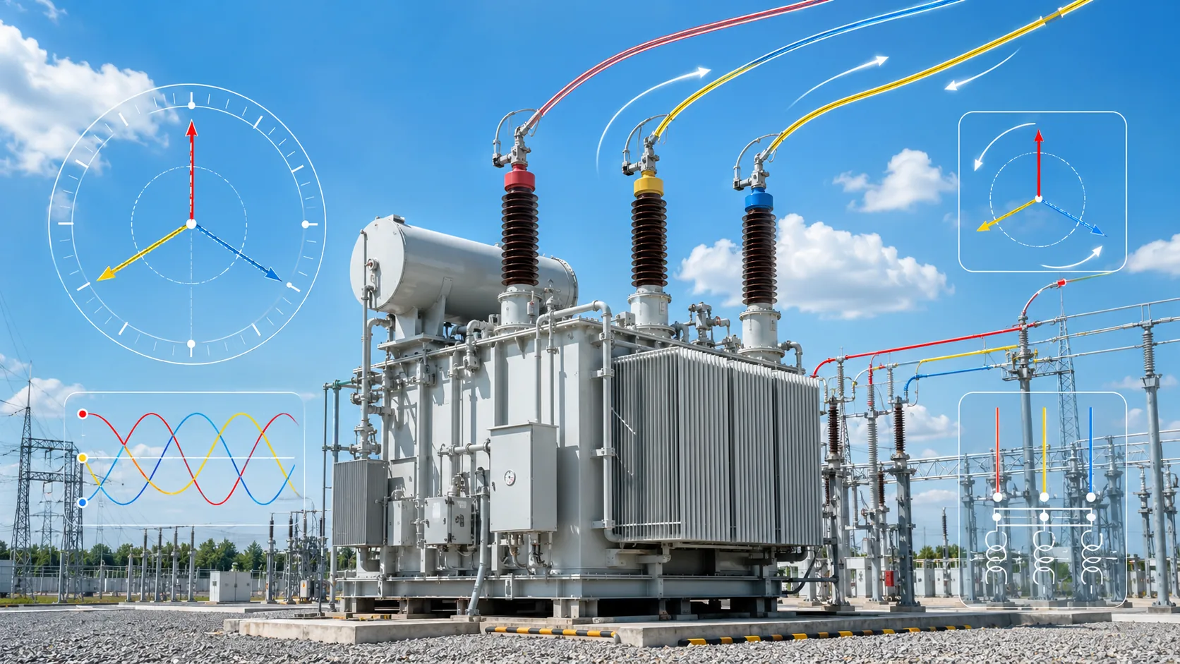 Three-phase transformer with phasor and phase-sequence diagrams under a bright blue sky
