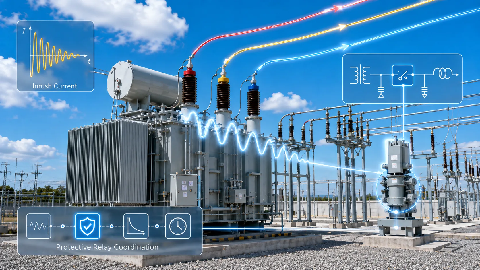 Power transformer energization with an illustrated magnetizing-inrush waveform and protection-relay coordination