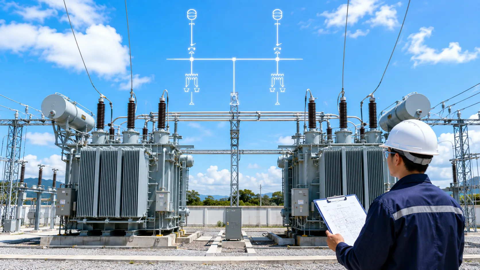 Two power transformers prepared for parallel operation on a common bus under a bright blue sky