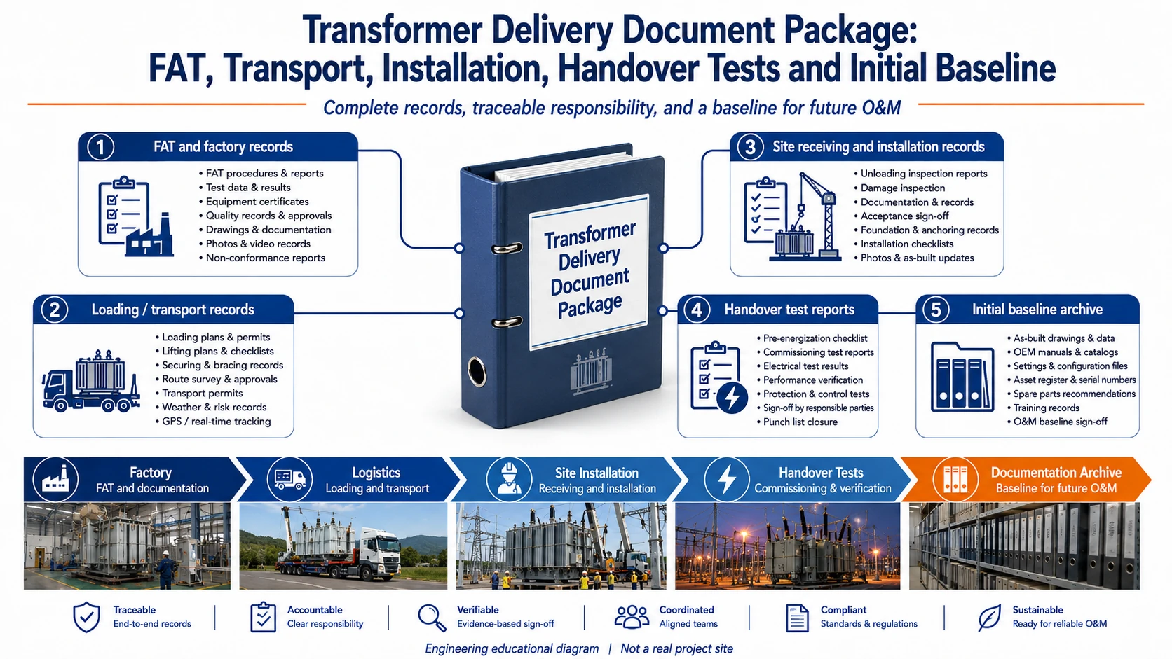 Transformer delivery document package infographic connecting FAT, loading, transport, site installation, handover tests and initial operating baseline records