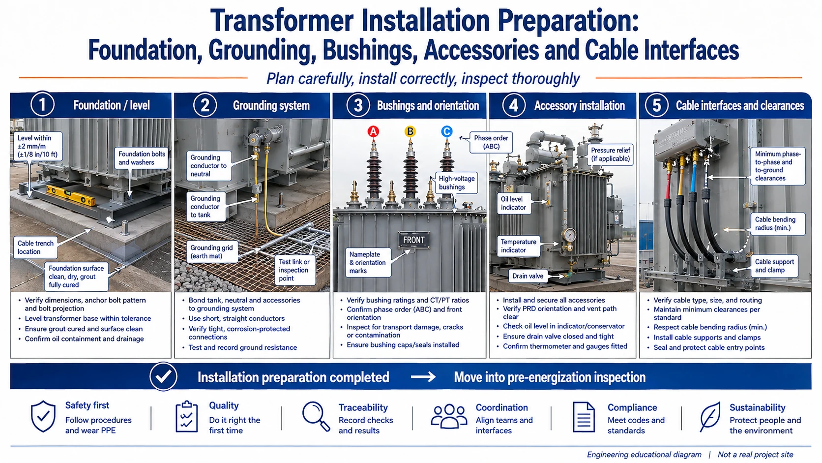 Transformer installation preparation infographic showing foundation, grounding, bushings, accessories and cable interfaces