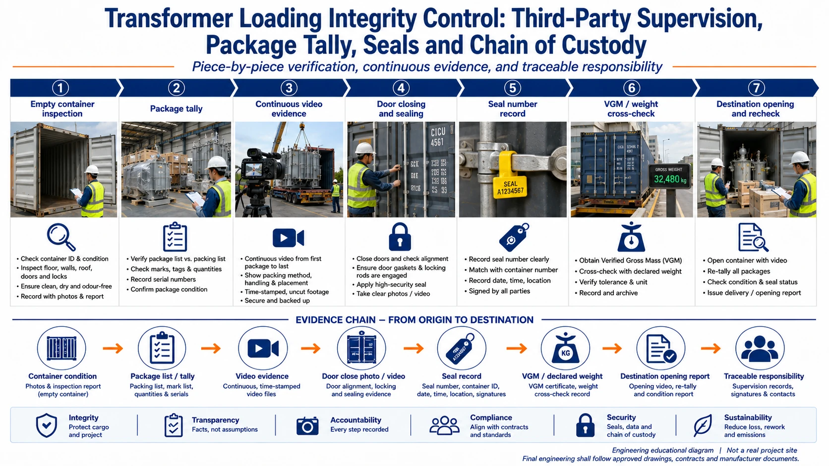 Transformer loading integrity infographic showing third-party supervision, package tally, continuous video, container seal, VGM cross-check and destination re-tally