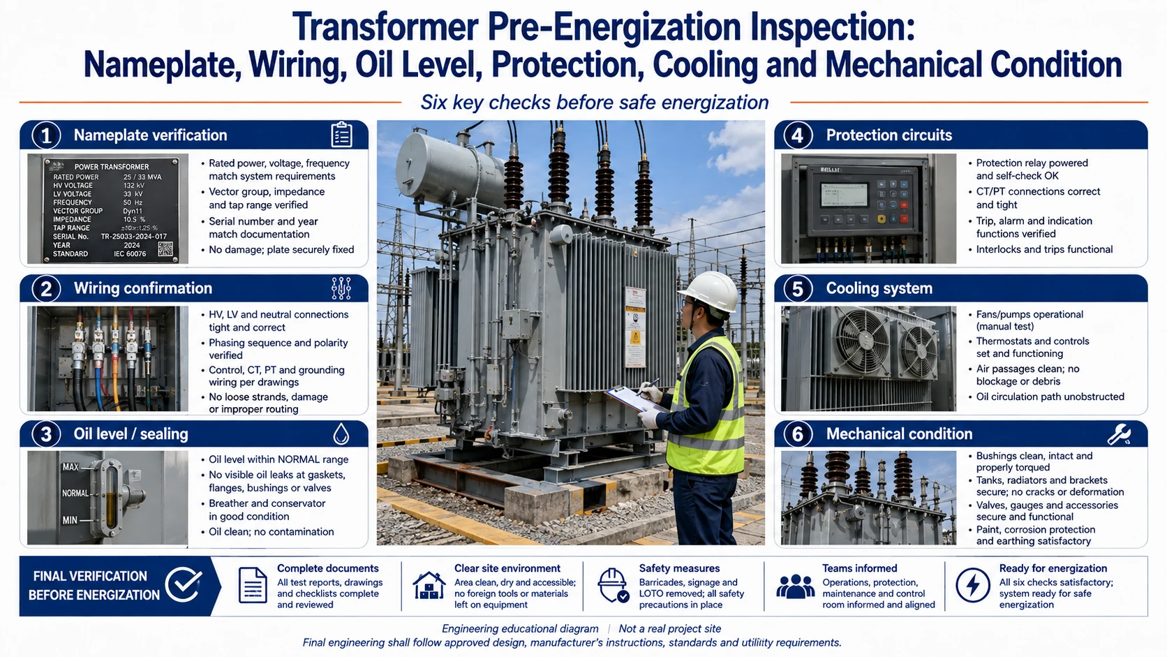 Transformer pre-energization inspection infographic showing nameplate, wiring, oil level, protection, cooling and mechanical condition
