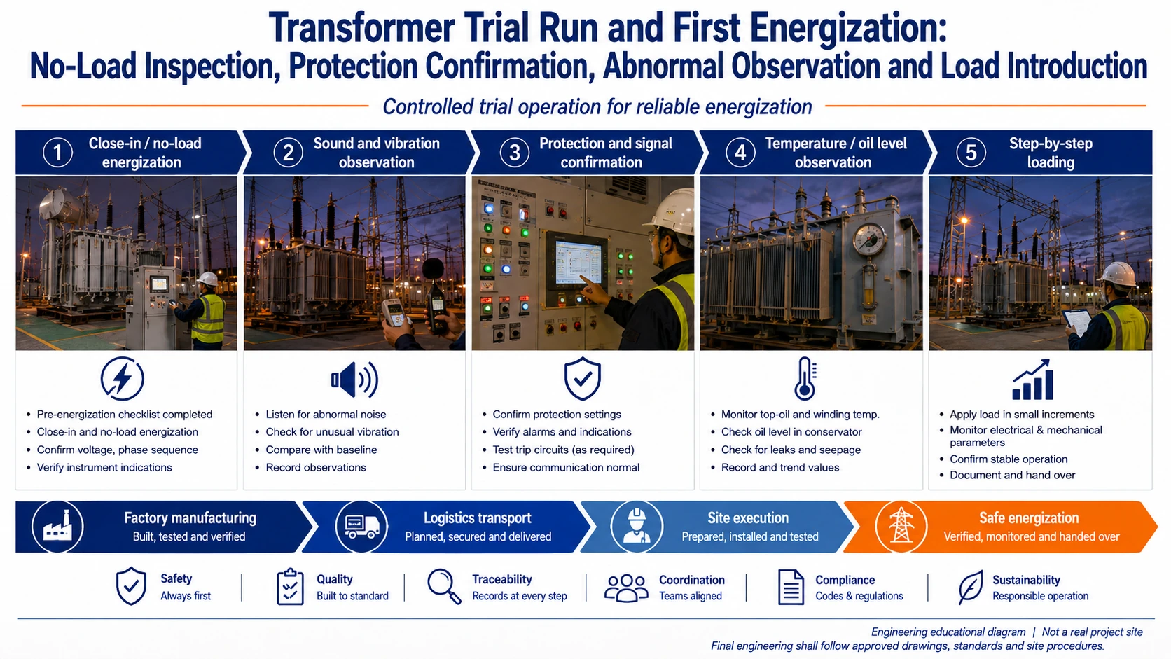 Transformer first energization and trial run infographic showing no-load energization, sound and vibration observation, protection confirmation, temperature monitoring and gradual loading